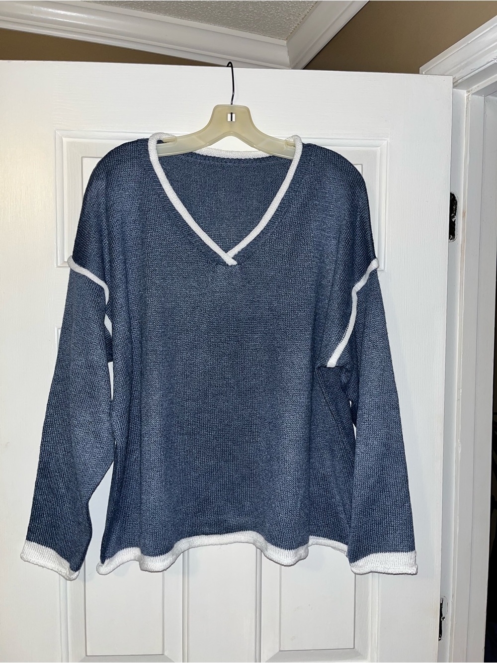 Blue V-Neck Contrast Trim Sweater